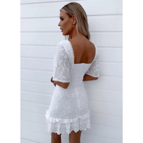 White Lace Embroidered Short Flute Sleeve Frill Hem Mini Dress - Picture 3 of 5